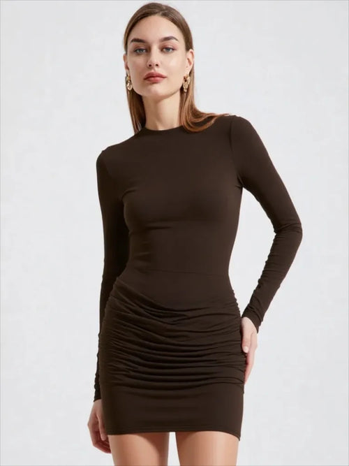 Chaxiaoa Long Sleeve Ruched Sexy Mini Dress Women Autumn Winter New Elegant High Waist Bodycon Club Party Dresses Female