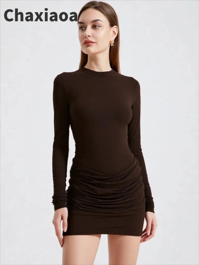 Chaxiaoa Long Sleeve Ruched Sexy Mini Dress Women Autumn Winter New Elegant High Waist Bodycon Club Party Dresses Female