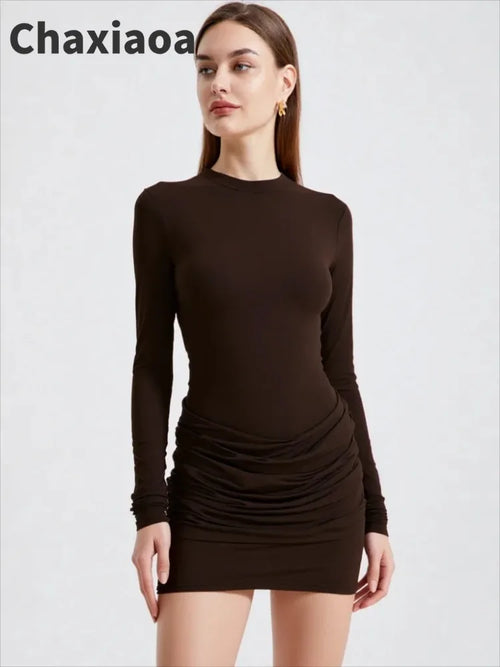 Chaxiaoa Long Sleeve Ruched Sexy Mini Dress Women Autumn Winter New Elegant High Waist Bodycon Club Party Dresses Female