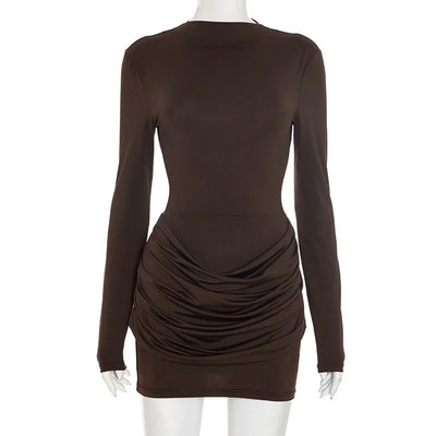 Chaxiaoa Long Sleeve Ruched Sexy Mini Dress Women Autumn Winter New Elegant High Waist Bodycon Club Party Dresses Female