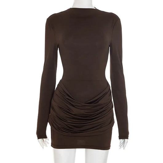 Chaxiaoa Long Sleeve Ruched Sexy Mini Dress Women Autumn Winter New Elegant High Waist Bodycon Club Party Dresses Female
